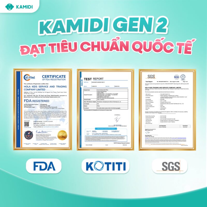 Bình sữa Kamidi sử dụng chất liệu PPSU chịu nhiệt tốt, kết hợp các thông tin như chứng nhận KOTITI, kiểm nghiệm theo EN 14350 bởi SGS Thụy Sĩ giúp mẹ có thêm cơ sở khi lựa chọn bình sữa cho bé.