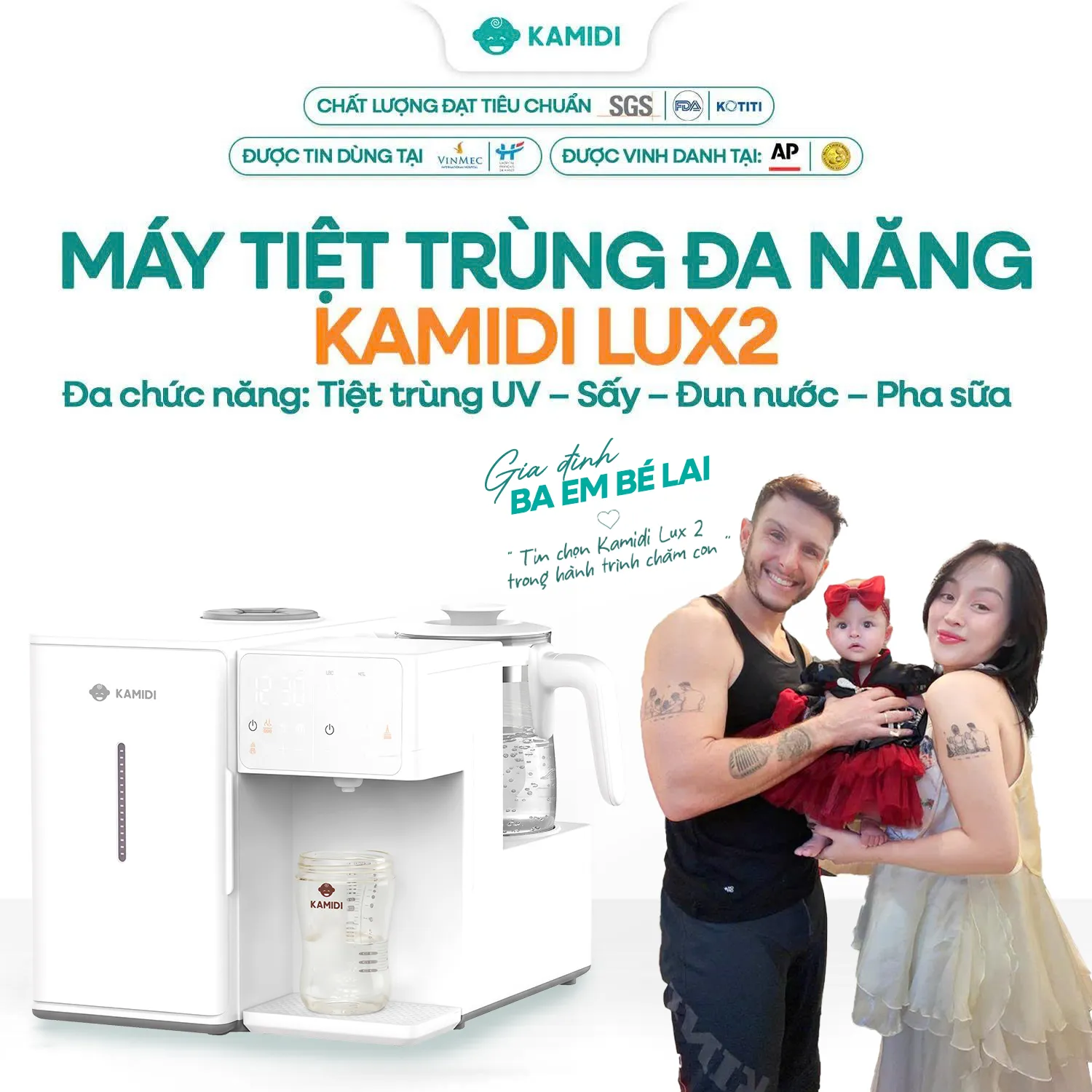 Máy tiệt trùng UV tích hợp đun nước pha sữa, lắc sữa và hâm sữa Kamidi Lux 2
