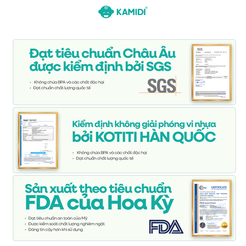 Không chỉ được sản xuất theo tiêu chuẩn của FDA Hoa Kỳ, dòng bình sữa Kamidi Gen 2 còn đạt những chứng nhận Quốc Tế khác