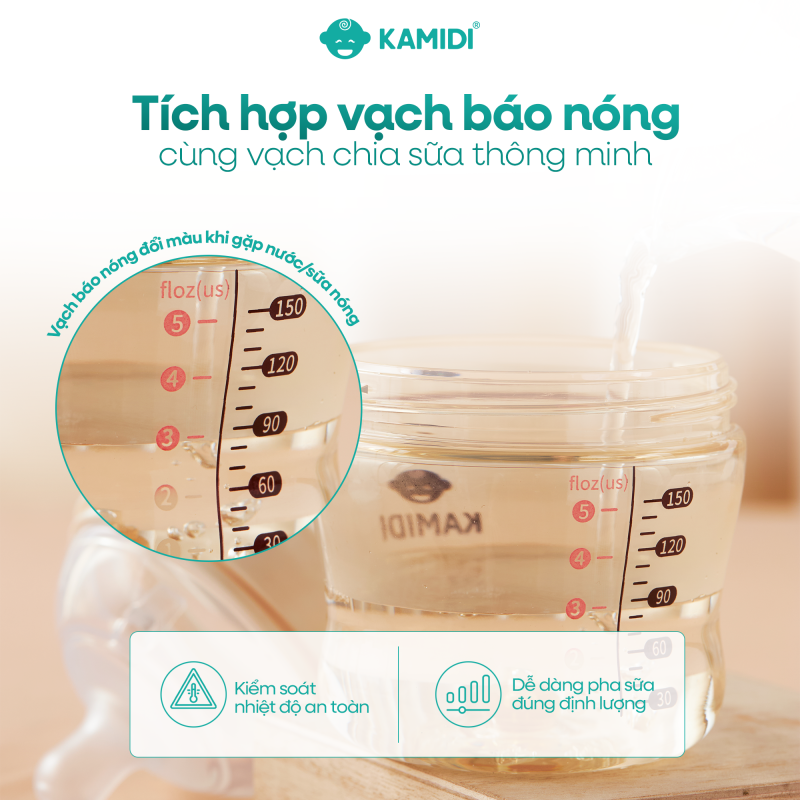 Bình sữa Gấu Gen 2 Kamidi tich hợp thông minh vạch báo nóng cùng vạch chia sữa