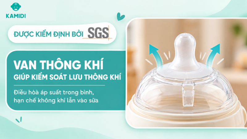 Hệ thống van thông khí được thiết kế để hỗ trợ kiểm soát luồng khí trong bình trong suốt cữ bú của bé.