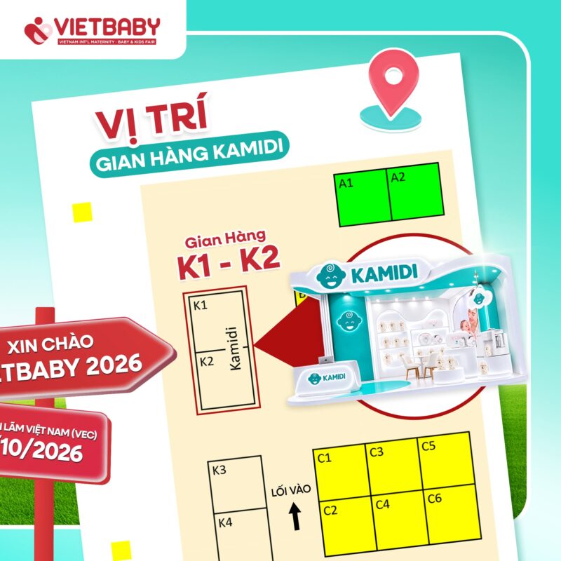 Kamidi mang “bão quà” cùng dàn khách mời đình đám đến VietBaby Fair Hà Nội 2026 4 Lưu lại tọa độ của gian hàng Kamidi K1–K2 để khám phá các sản phẩm chăm sóc mẹ và bé, trải nghiệm trực tiếp và cập nhật những ưu đãi đặc biệt trong khuôn khổ VietBaby Fair Hà Nội 2026.